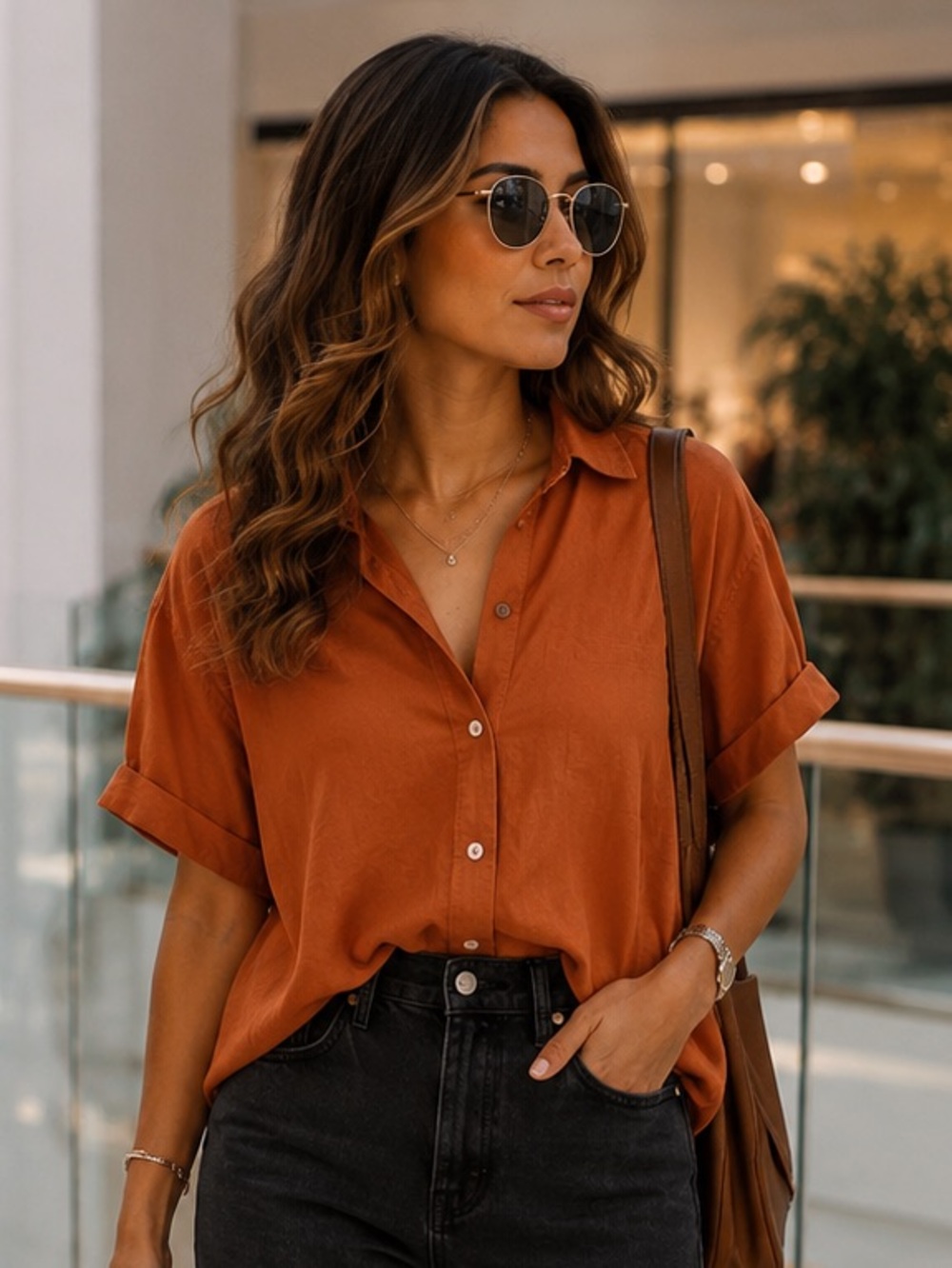 Mango MNG Rust Linen Blend Short Sleeve Button Up Boxy Camp Shirt Top Size 4